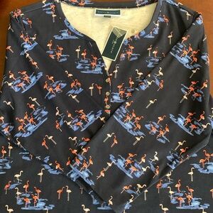 Karen Scott flamingo print intrepid blue 3/4sleeve with button detail. 2XL. NWT.